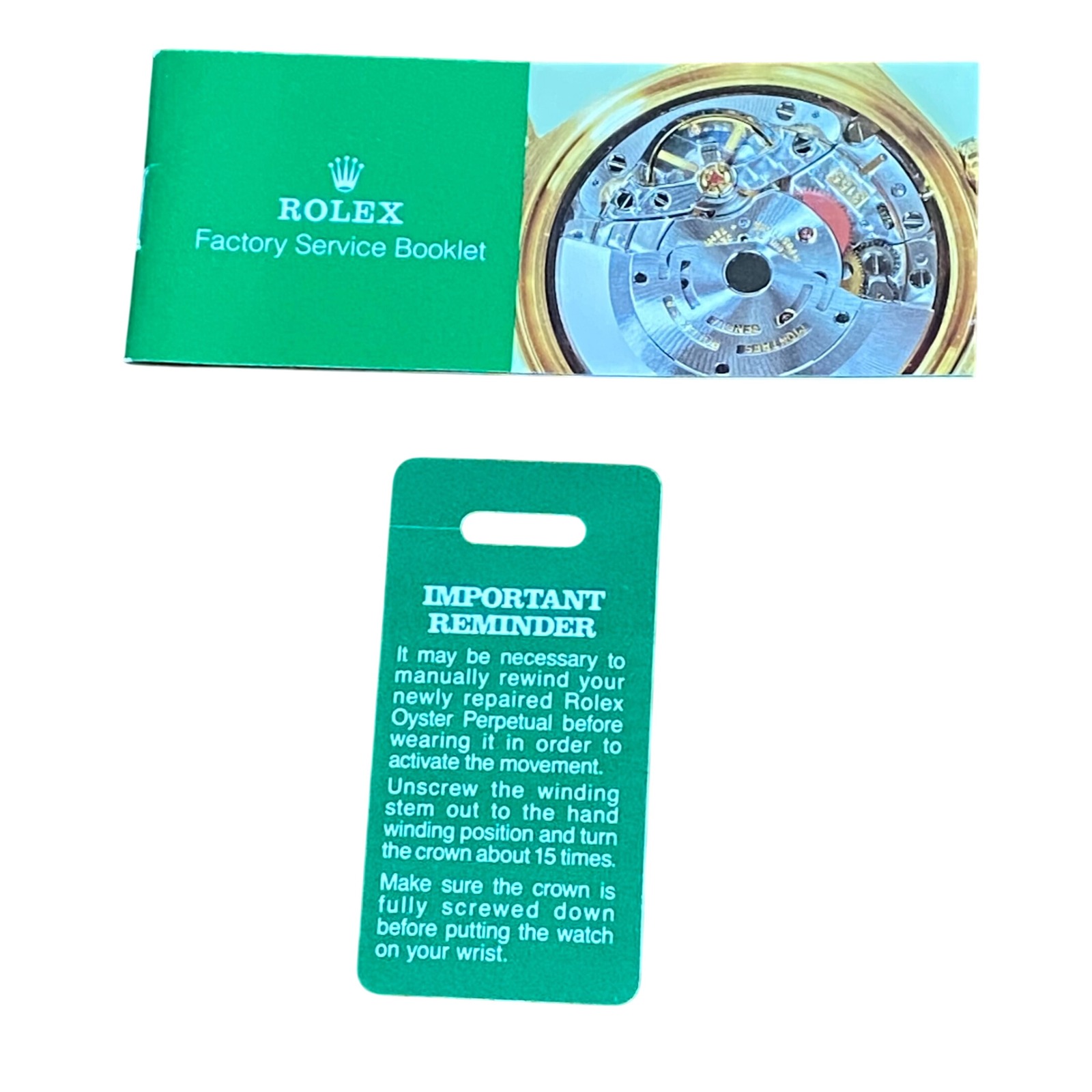 Rolex Factory Service Booklet And Important Reminder Green Hang Tag Set Usa